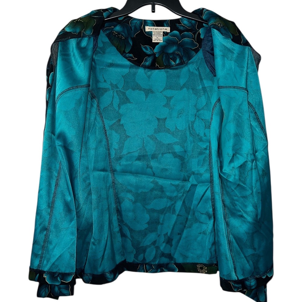Notations Teal Floral Button Front Blouse Top XL Stretch Long Sleeve Vintage 90s - Picture 4 of 8